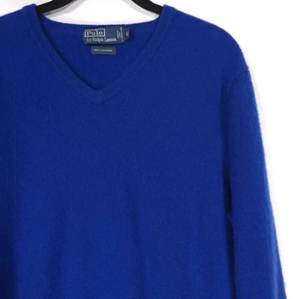 POLO RALPH LAUREN 100% CASHMERE Italian Yarn XL‎ Pullover V Neck Sweater Blue